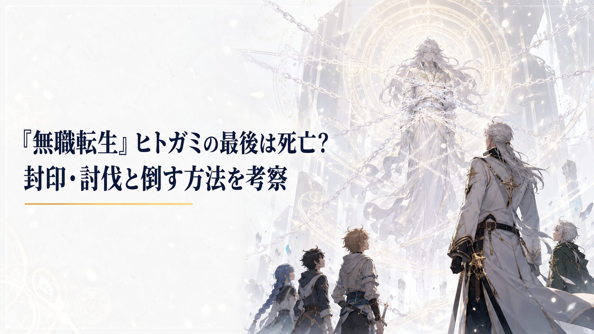 白い無界で魔法陣と半透明の鎖に封じられたヒトガミをオルステッドと次世代の仲間たちが見つめる場面