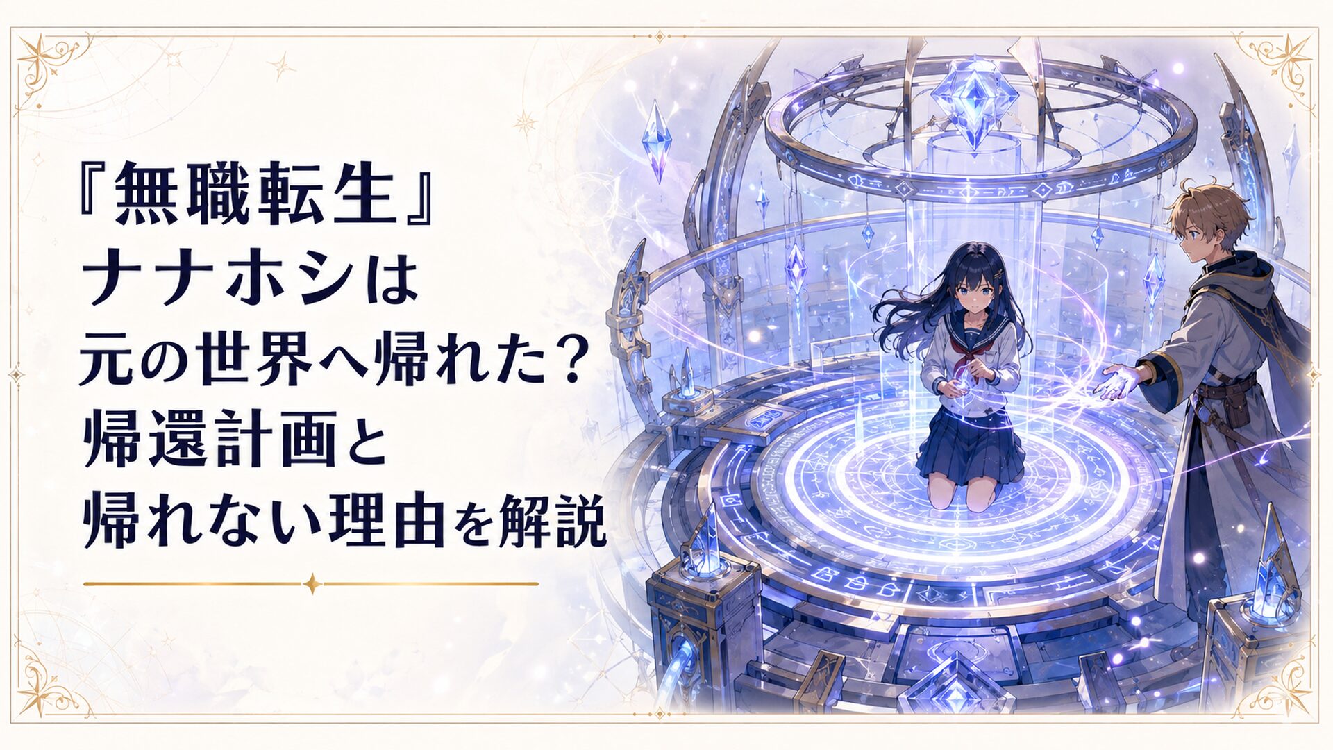 巨大な異世界転移魔法装置の中央で帰還に挑むナナホシと魔力を供給するルーデウス