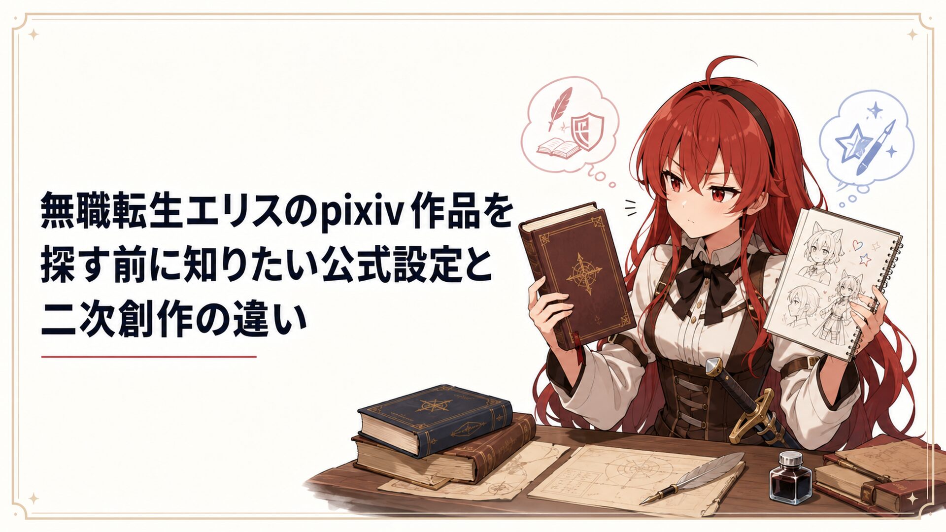 赤髪の剣士エリスが原作本とpixivの創作ノートを見比べる構図