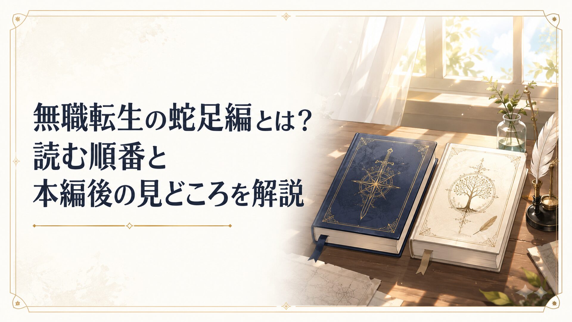 本編完結後の無職転生を象徴するように、本編と蛇足編の本が机に並び、朝の光が差し込む場面