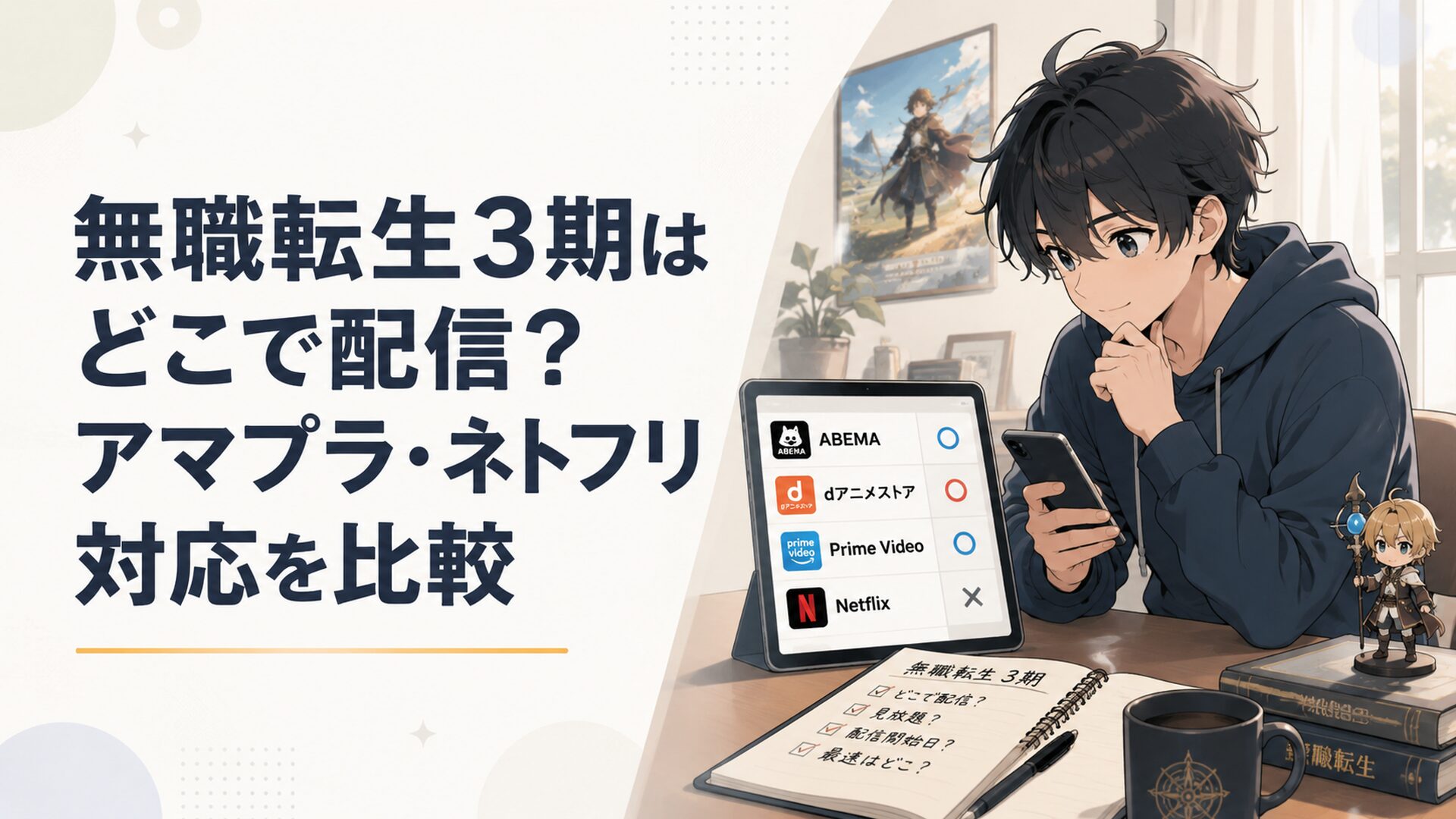ABEMAとdアニメストア、Amazon Prime Video、Netflixの配信予定を見比べながら無職転生3期を待つファン