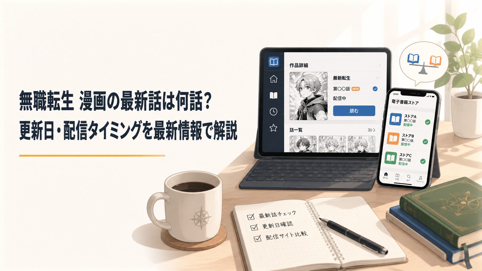 カドコミと電子書籍ストアで無職転生の漫画最新話を確認する読者の机
