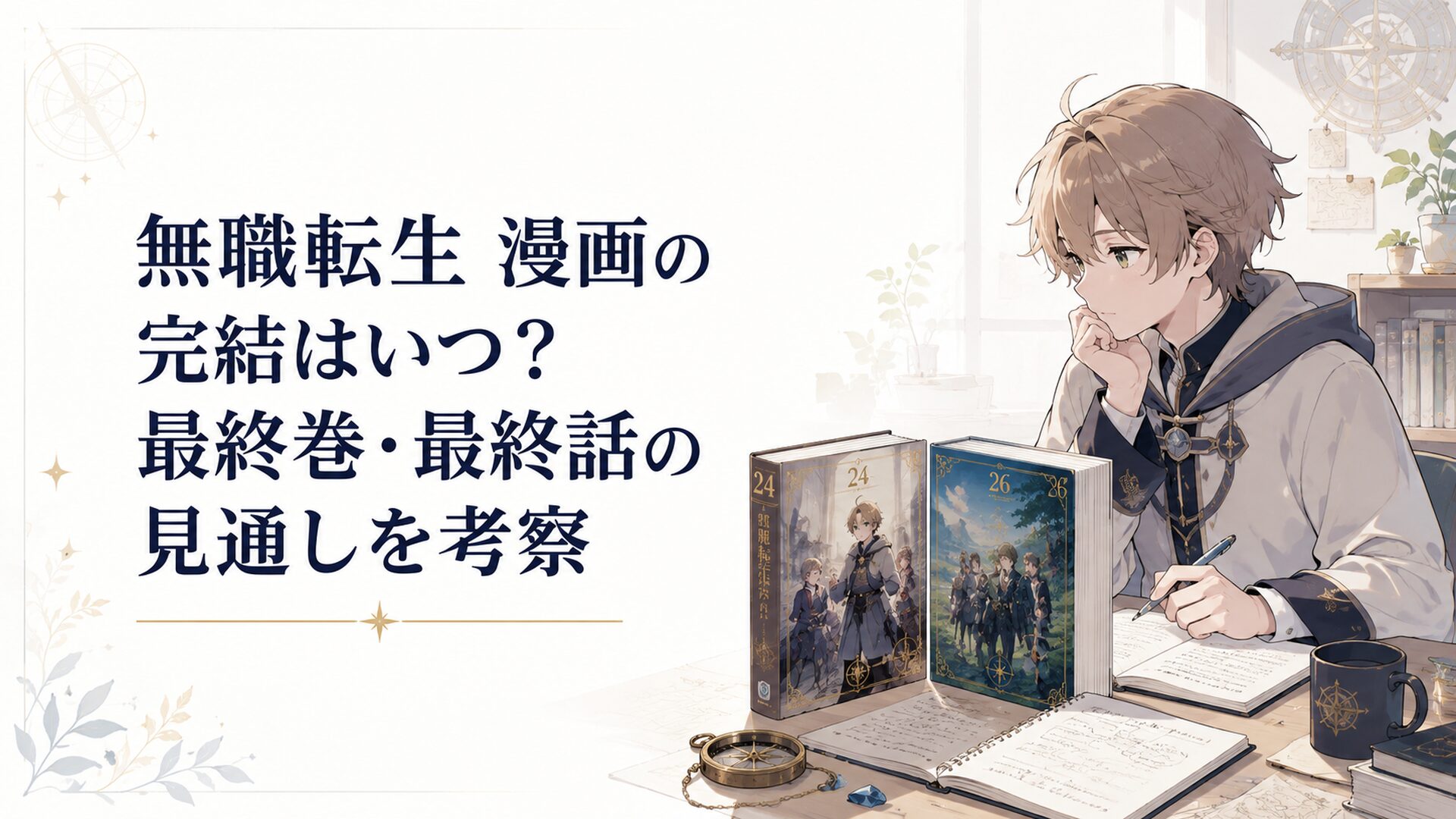 漫画版24巻と原作小説26巻を並べて完結時期を考える無職転生ファンの机