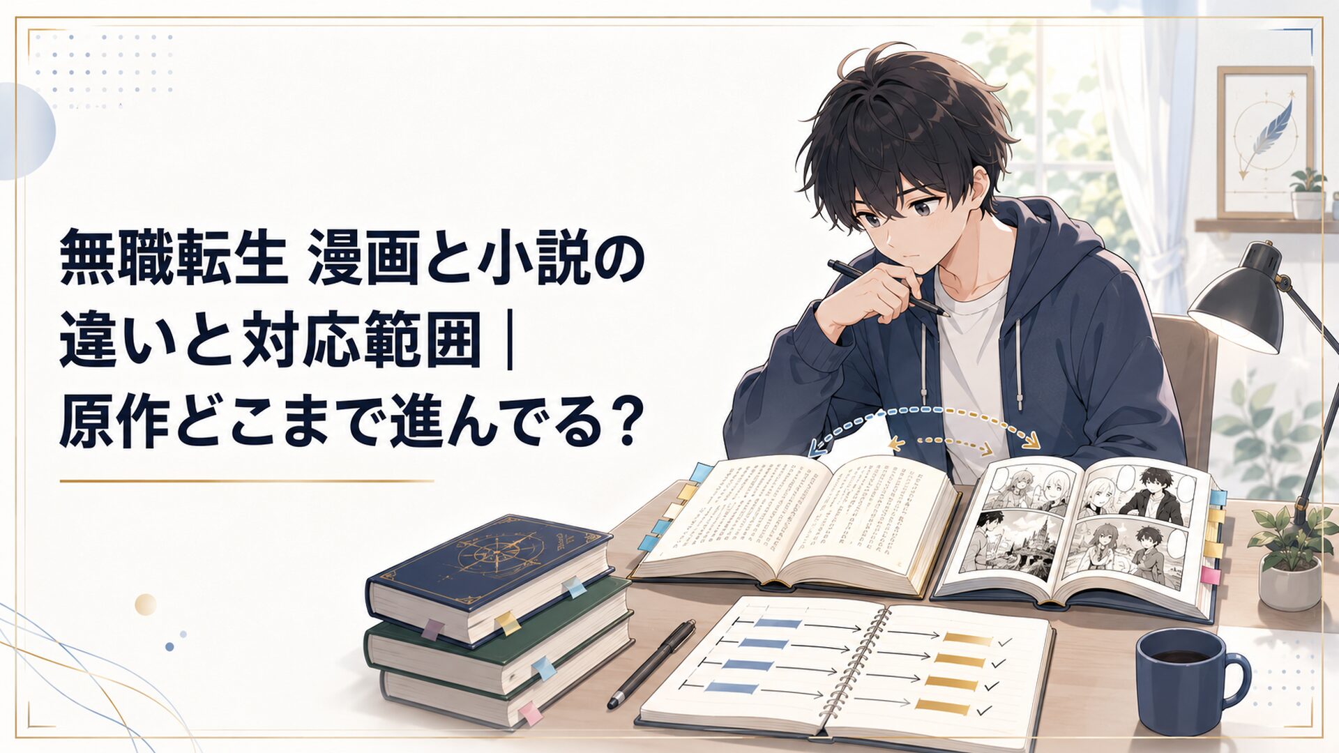 原作小説と漫画版を机に並べて無職転生の対応範囲を確認する読者