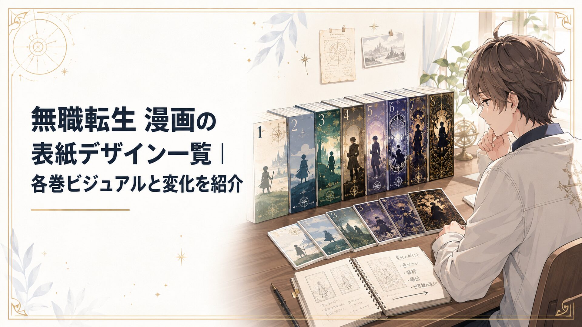 無職転生の漫画表紙を巻ごとに並べてデザインの変化を眺める読者