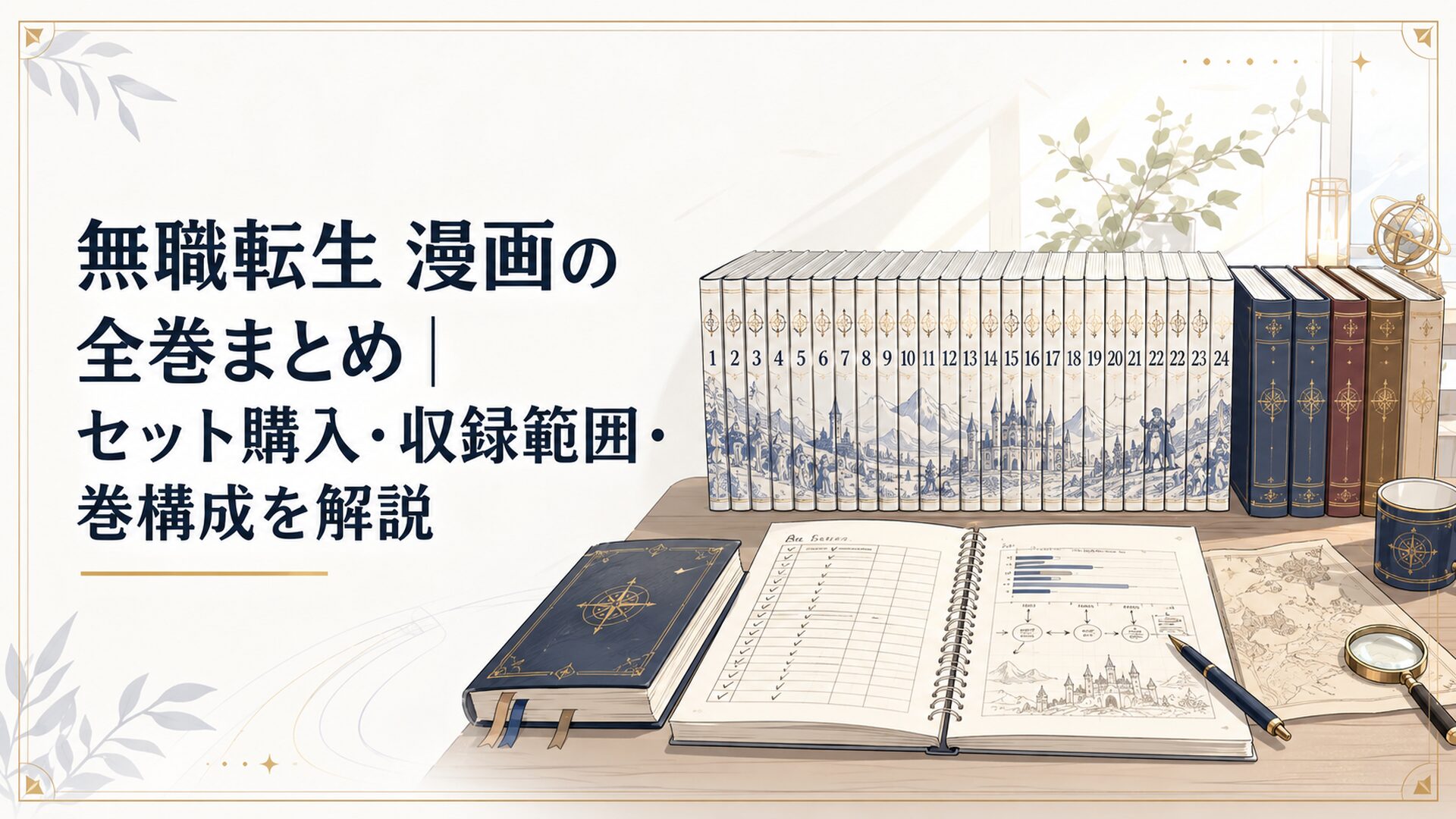 無職転生の漫画全巻24冊と原作小説を机に並べて収録範囲を確認するシーン