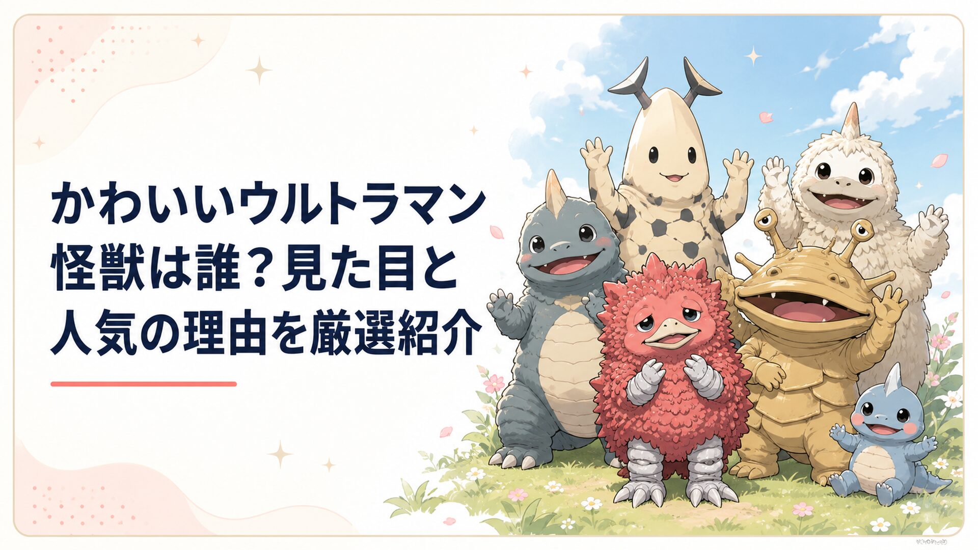 ピグモンやカネゴンなど、かわいいウルトラマン怪獣が仲良く並ぶ明るい集合風景