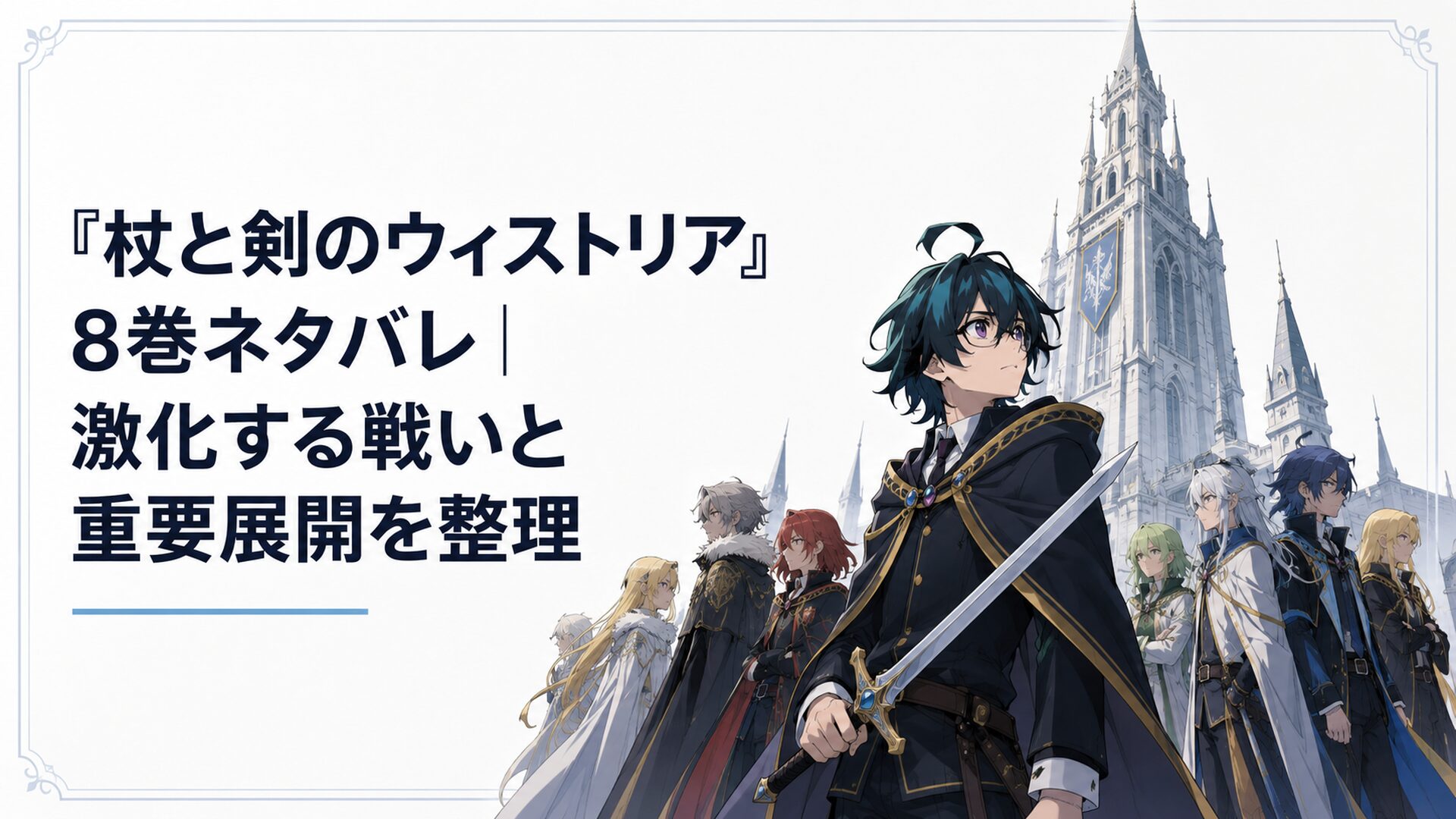 塔を見上げながら剣を握るウィルと、背後に並ぶ各派閥の魔導士たち
