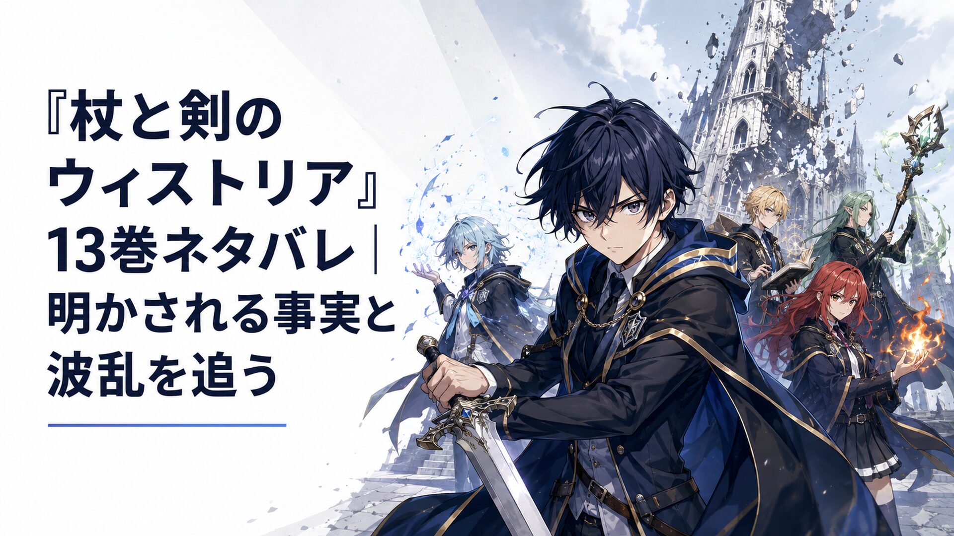 崩れかけた魔法の塔を背景に剣を構える少年と覚醒した魔導士たち