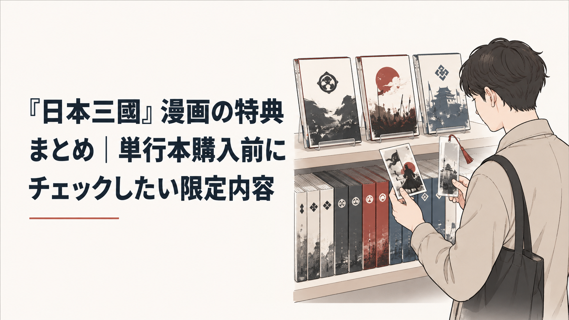書店に並ぶ『日本三國』の単行本と購入特典のカードやクリアしおりを確認する場面