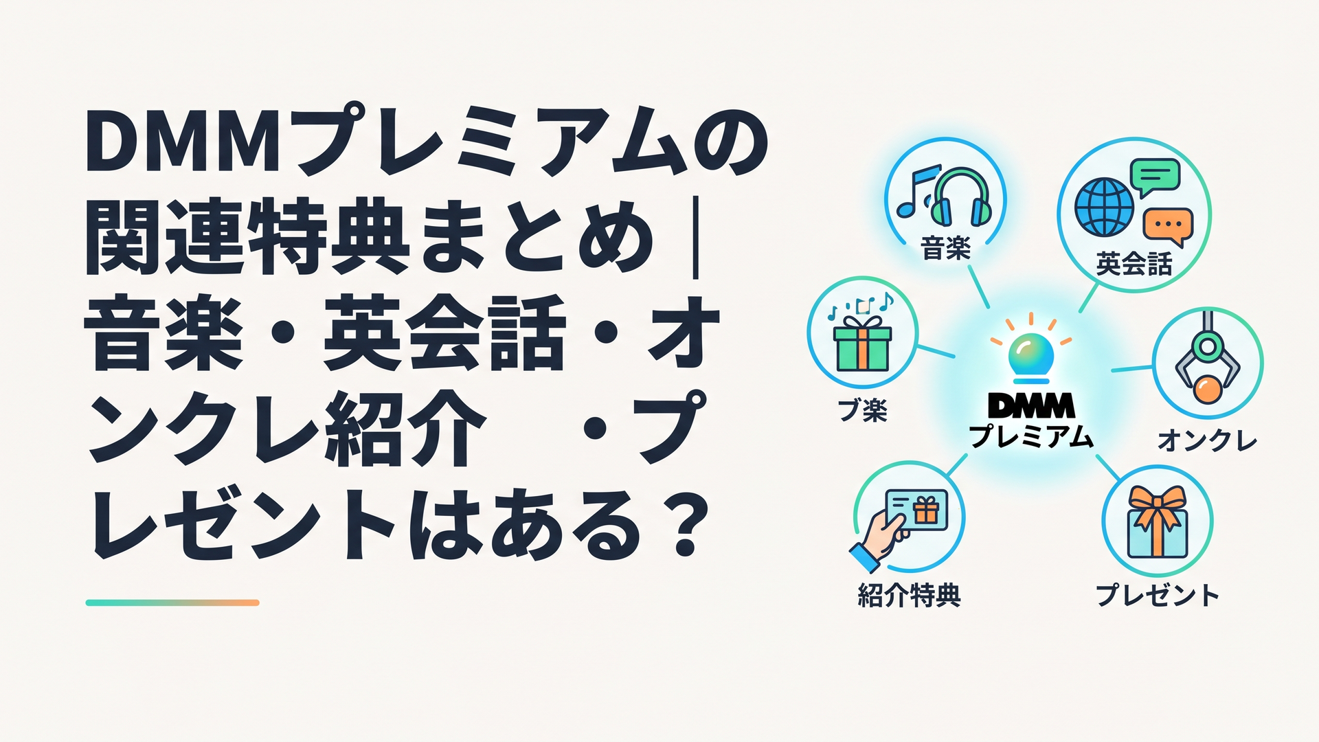 DMMプレミアムを中心に音楽・英会話・オンクレ・紹介特典が広がるサービス構成のイメージ